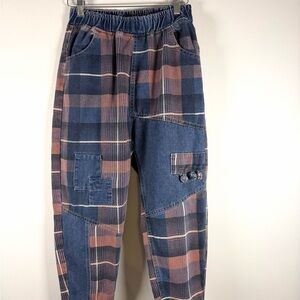 Plaid Patchwork Women's Jeans - Blue & Brown